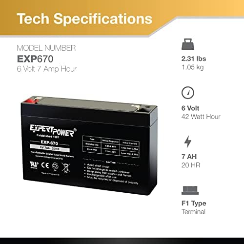 ExpertPower EXP670-6V 7Ah Rechargeable 6V Battery for Ride On Toys, Emergency Light, Replacement for PEA6V65F3, Enduring 3FM7, UB670 Sealed Lead Acid (SLA) 6 Volt Battery with F1 Terminal