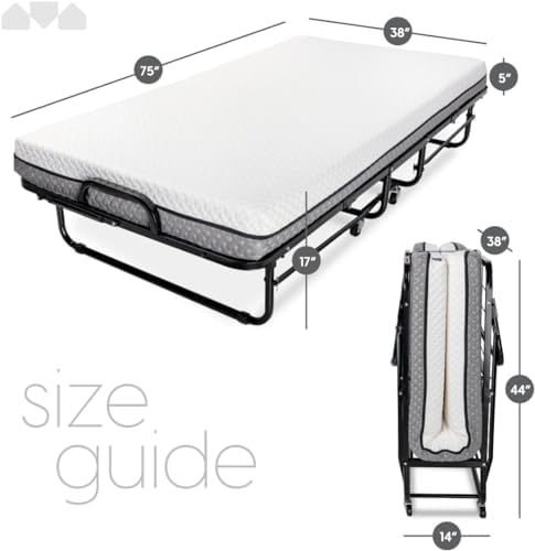 Milliard Deluxe Diplomat Folding Bed with Mattress for Adults, Twin Size, Portable Foldable Bed with Luxurious Memory Foam Mattress & Super Strong Frame, 75” x 38", Fold Up, Roll Away, & Hideaway