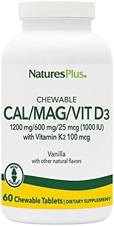 NaturesPlus Calcium/Magnesium/Vitamin D3 with Vitamin K2 - 60 Chewable Tablets - Supports Bone & Immune Health - Vanilla Flavor - Gluten Free - Up to 30 Servings