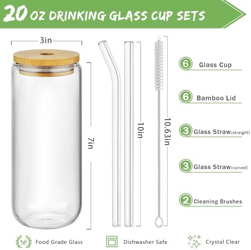 20 Oz Drinking Glasses - 6 Pcs Glass Cups with Bamboo Lids and Straws | Food-grade durable clear tumbler, Coffee bar accessories, Aesthetic gift