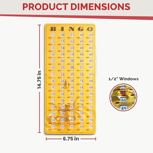 MR CHIPS Large 14.75" L x 6.75" W Jam-Proof Finger Tip Bingo Master Board Card with Large 3/4" Sliding Windows, Thick 5 Ply Cardboard, Gold Rush Style