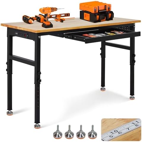 48" Adjustable Workbench, 8-Level Height Adjustable Rolling Work Table with Casters & Scale, Sit & Stand 2-in-1 Garage Tool Table with Pegboard & Hooks, for Workshop, Warehouse, DIY Projects