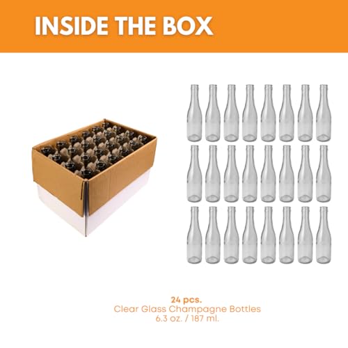 187 ml Clear Champagne Bottles, 24 per case | Empty Wine Bottles for homebrew, mead and Champagne | Fits #7 Corks