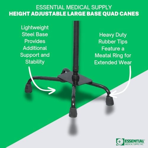 Essential Medical Supply Small Base Quad Cane in Black - Height Adjustable Walking Cane, Sturdy and Durable Walking Cane for Improved Mobility and Stability with 4 Prong Base and Rubber Tips