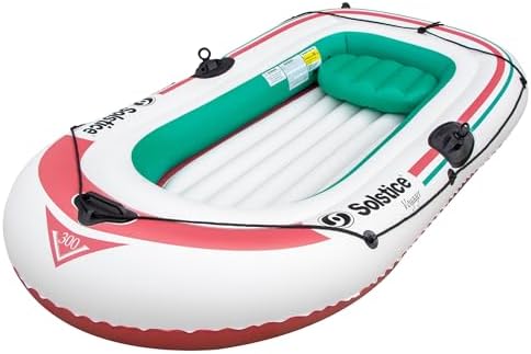 Solstice Voyager 4-Person Inflatable Fishing Boat with Dual Swivel Oar Locks and Rod -Holder, Motor Compatible 9' x 5'