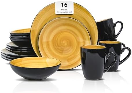 HomeVss, Sonoma Stoneware Dinnerware Set, Outside Black + Inside Hand Painting Color (16pc Set, Grey)