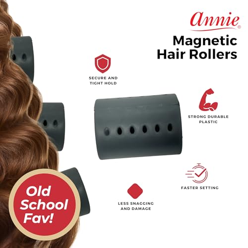 Annie Magnetic Hair Rollers 2 Inch, 12 Count Gray Curlers for Smooth Curls & Waves, Easy Dry or Damp Sets, Secure Comfortable Fit, Use with Pins/Clips