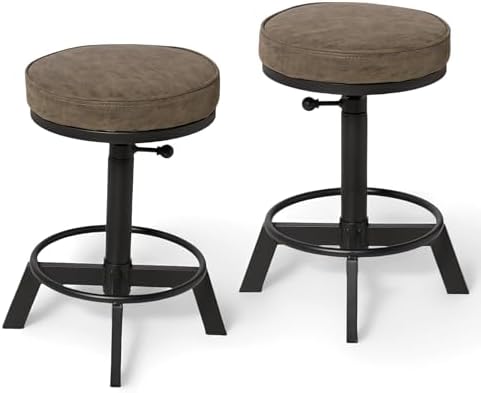 Set of 2 Industrial Bar Stools Short Stool Swivel Wooden Seat Kitchen Island Chairs Counter Height Adjustable 15.2-21inch