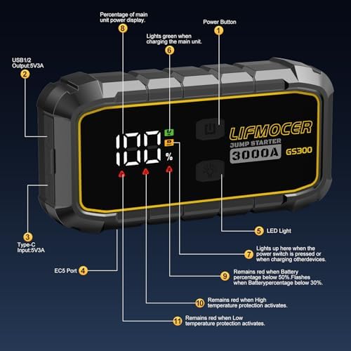 GS300 Car Jump Starter, 3000A Portable Battery Jumper Starter for Up to 10.0L Gas & 8.0L Diesel Engines, 59.2WH 12V Jump Box with Storage Case