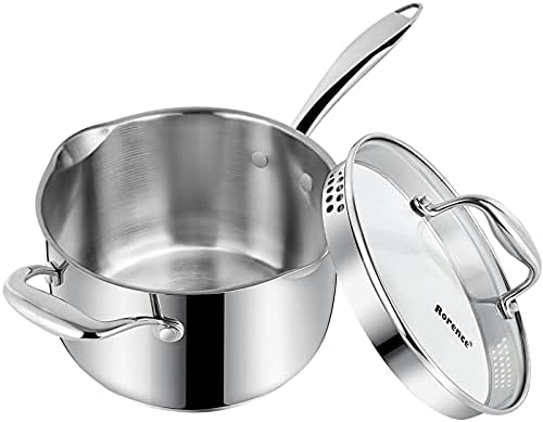 Rorence 3.7 Quart Stainless Steel Induction Sauce Pan with Lid | Stainless Steel Pot Saucepan with Pour Spout & Glass Lid with Strainer
