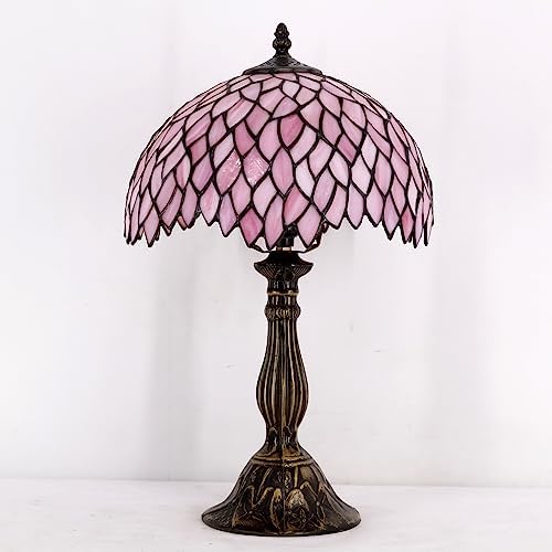 WERFACTORY Tiffany Table Lamp Pink Wisteria Style Stained Glass Desk Light | Bedside Reading Light 12X12X18 Inches Decor Bedroom Living Room Home