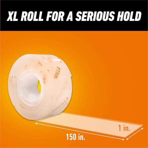 Gorilla Invisible Hold Mounting Tape, 1" x 150" (Pack of 1), Holds up to 15 lbs, Clear Double-Sided Tape for Strong, Permanent Bond