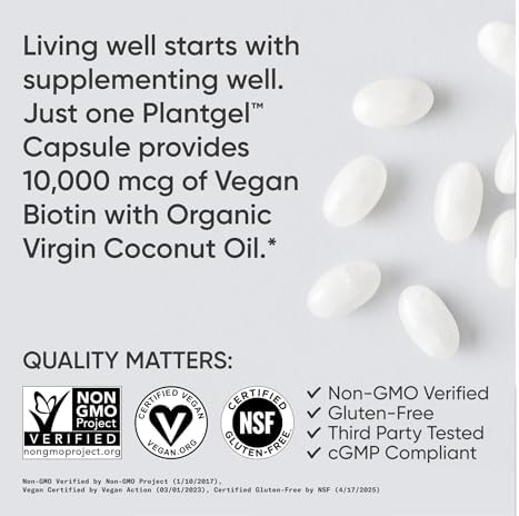 Sports Research® Biotin 10,000mcg w/Coconut Oil, 120 Count Plantgels™ | Max Strength Vegan Biotin (Vitamin B7) for Healthy Skin and Hair Support | Non-GMO, Gluten & Soy-Free, 120 Servings