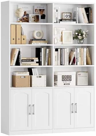 Bookshelf and Bookcase with Doors, Double Wide Large Bookshelves | Industrial Open Display Shelves 6 Tier, 73'' Tall Bookshelf with Storage Cabinets for Office,Home, Living Room, Library,White