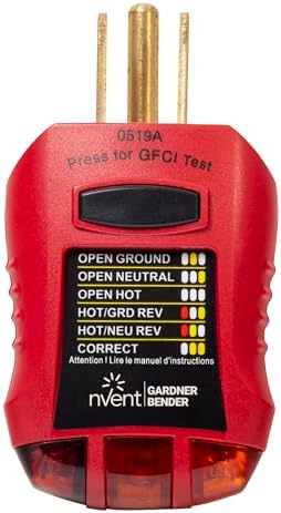 Gardner Bender GFI-3501 Ground Fault Receptacle Tester & Circuit Analyzer, 110-125V AC, for GFCI / Standard / Extension Cords & More, 7 Visual LED Tests , Red | 110-125V AC Receptacle Tester w/ 3 LED Lights Indicating 7 Wiring Conditions, Tests GFCI & Ou…