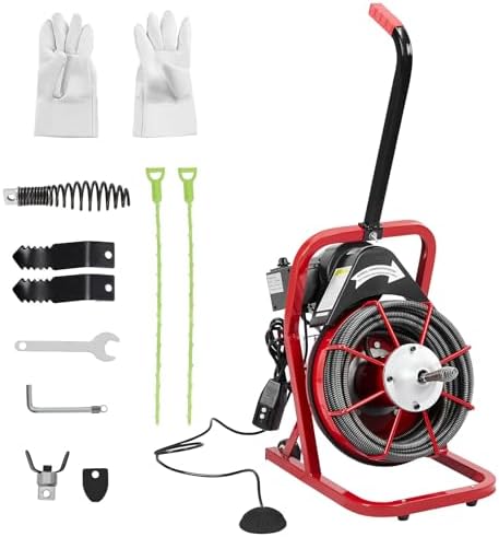 GarveeLife 75 ft 3/8 in Electric Drain Cleaner Machine Auto Feed Drain Auger for 1 to 4 in Pipes Professional Sewer Snake with 4 Cutters Gloves