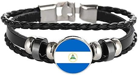 Wedarego Nicaragua Flag Braided Bracelet Leather Chain Crystal Wristband Souvenir,Fashion Handmade Bracelet For Man & Woman Special Day's Gift