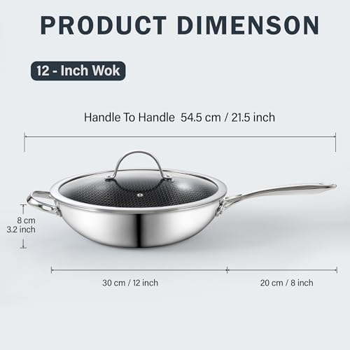 Cooks Standard Multi-Ply Clad 12 Inch Stainless Steel Wok Pan, Stir Fry Pan with Glass Lid, Induction Cookware, Dishwasher & Oven Safe, Compatible with All Cooktops