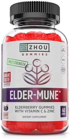 ZHOU Nutrition Elder-Mune Sambucus Elderberry Gummies with Zinc and Vitamin C for Kids & Adults (Age 4+) Immune Support with Antioxidants, Vegan, Gluten Free, Non-GMO, 30 Servings, 60 Gummies | Daily Immune Support Supplement for Women & Men, Chewable Na…