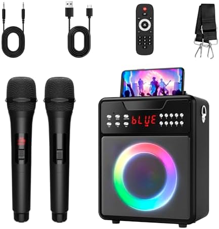 Karaoke Machine for Adults, Portable Bluetooth Speaker with 2 Wireless Microphones and Lights Show, Karaoke Speaker with Bass & Treble, Supports for TWS,USB,FM,REC,AUX in,TF Card for Party/Meeting