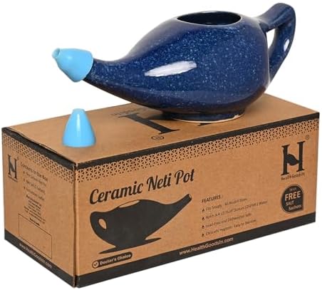 Ceramic Neti Pot Sinus Rinse Nasal Wash with Salt, Dishwasher Safe, 225 Ml. Capacity (Blue Dapple)