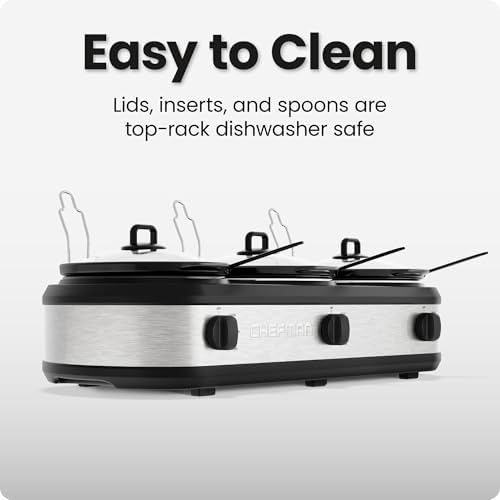 Chefman Triple Slow Cooker & Food Warmer, Three Crock Slowcooker with 2.5 Qt. Ceramic Crocks, 7.5-Quart Total Capacity, PFAS-Free, Three Temperature Settings, Dishwasher-Safe Parts – Stainless Steel