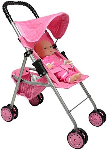 The New York Doll Collection My First Doll Stroller with Basket & Heart Design Foldable Doll Stroller, Pink