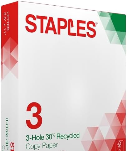 Staples 8.5" x 11" 3-Hole Punched Copy Paper, 20 lbs., 92 Brightness, 500/Ream