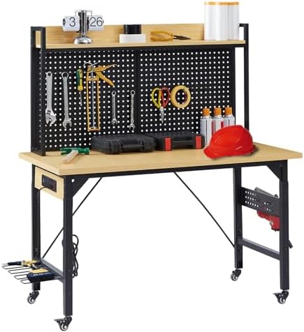Zevemomo 48" Adjustable Height Workbench with Pegboard, Work Benches for Garage, Heavy Duty Wood Top Work Bench with Wheels, 2000 LBS Load Capacity