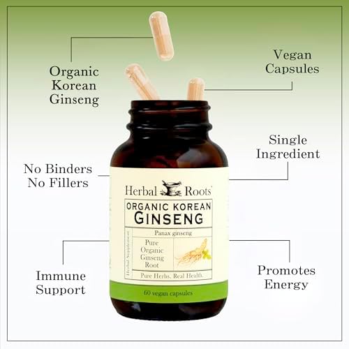 Herbal Roots Panax Ginseng | Organic Korean Ginseng Root Powder | 1000mg | High Ginsenosides for Energy & Performance | 60 Vegan Capsules
