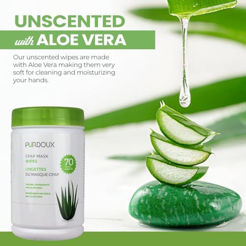 PURDOUX 100% Cotton CPAP Mask Wipes Canister Unscented with Aloe Vera (70 wipes) - CPAP Supplies, CPAP Accessories, CPAP Cleaning Supplies for CPAP Machine | Aloe Vera Infused, Alcohol Free, Silicone Safe, Removes Dirt & Facial Oils, Gentle Cleaning, CPA…