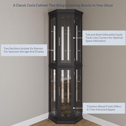 BELLEZE Lighted Wooden Corner Display Curio Cabinet, Two Section Shelving Unit with Tempered Glass Door