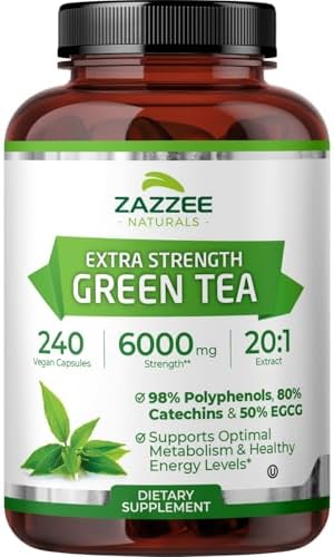 Zazzee Extra Strength Green Tea 20:1 Extract, 50% EGCG, 150 Vegan Capsules | 98% Polyphenols, 80% Catechins, 5 Month Supply, Certified Kosher, Antioxidant & Metabolism Support, Non-GMO, Made in the USA