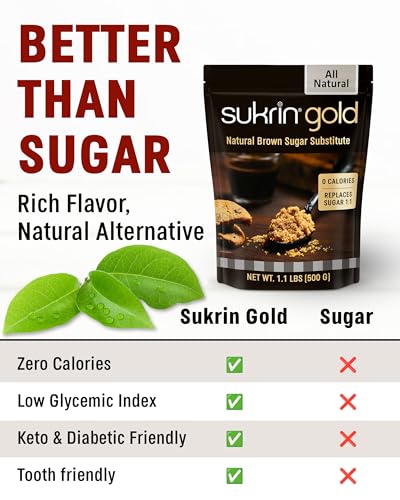 SUKRIN GOLD 100% Natural Sugar Free Brown Sugar Substitute with Erythritol & Stevia Brown Sugar Zero Calorie Sweetener, Granulated Gluten Free Non-GMO Kosher Blood Sugar Vegan Keto Friendly, 1.1LB Bag