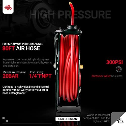 ReelWorks Air Hose Reel Retractable 3/8" Inch x 80' Foot Max 300PSI Longest Ever Hybrid Polymer Hose Industrial Steel Construction