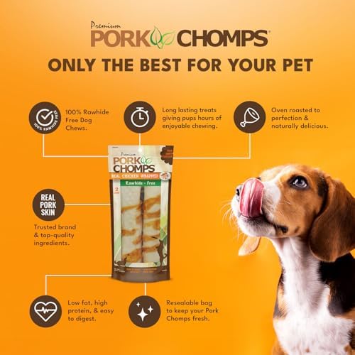 Pork Chomps Rawhide Free Pork Skin Dog Chews, Chicken Wrap, 8in Rolls, 2ct