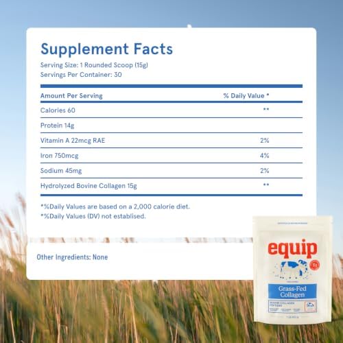Equip Foods Grass Fed Collagen Powder | Hydrolyzed Bovine Collagen Peptides with Amino Acids | Prime Beef Collagen for Healthy Joints, Skin & Nails | Non-GMO, Paleo Friendly | 30 Servings, Unflavored