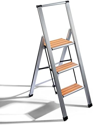 Step Ladder 2 Step Folding, Decorative - Beautiful Bamboo & Silver Aluminum, Ultra Slim Profile, Anti Slip Steps, Sturdy-Portable for Home, Office