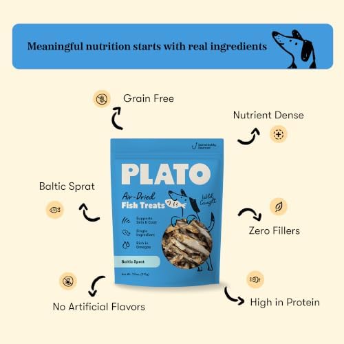 PLATO Single Ingredient Wild-Caught Baltic Sprat Dog Treats, Air-Dried Whole Fish, Omega-Rich Skin & Coat Support, 3 oz