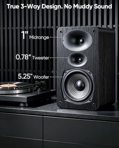 Saiyin 3-Way Passive Bookshelf Speakers 5.25inch Woofer | 50W*2 Power, 48Hz Deep Bass, 4Ω, HiFi Audio For Home Theater/Turntable/Stereo Receiver