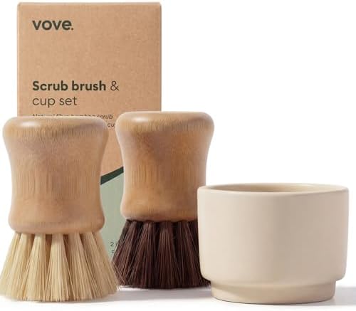 Vove Bamboo Dish Scrub Brush Set 3-Pack, 2 Hard and 1 Medium Brushes