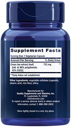 Life Extension Lightly Caffeinated Mega Green Tea Extract, Camellia sinensis Extract with Concentrated EGCG polyphenol Content, Gluten-Free, Non-GMO