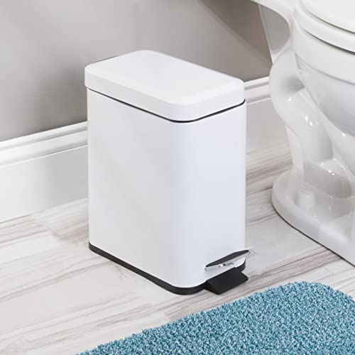 mDesign Metal Freestanding Slim Toilet Bowl Brush and Holder + Rectangle Narrow 5 Liter / 1.3 Gallon Step Pedal Trash Can Wastebasket for Bathroom