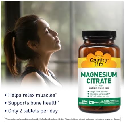 Country Life Magnesium Citrate 250mg - 120 Tablets - Supports Muscle & Nerve Function, Heart Rhythm, Healthy Immune System