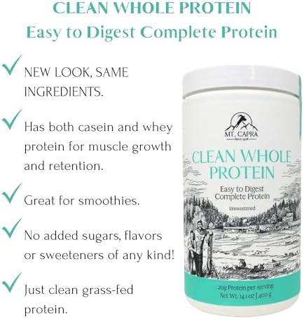 Mt. Capra Clean Whole Protein | Grass-Fed Goat Protein with Whey and Casein Protein | No Bloat, Build and Maintain Muscle, 20 g Protein per Serving