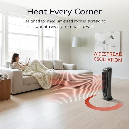 Lasko 1500W Ceramic Tower Space Heater with Remote, Thermostat, Timer & Widespread Oscillation, Portable Electric Heater for Indoor Use