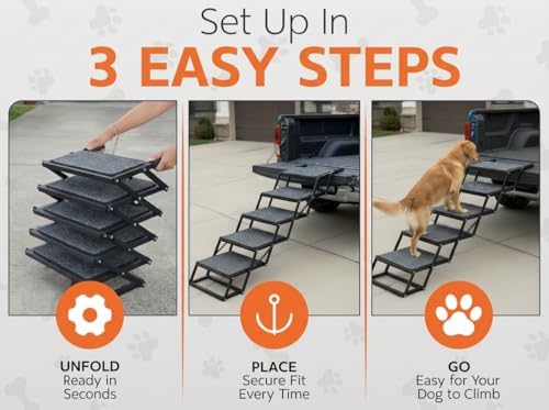 Foldable Dog Stairs for Cars Trucks & SUVs - Heavy-Duty Carbon Steel Pet Ladder Supports 230LB - Non-Slip Metal Mesh Joint-Friendly Portable Ramp for Large Dogs - 5 Step Pet Stairs w/Mat