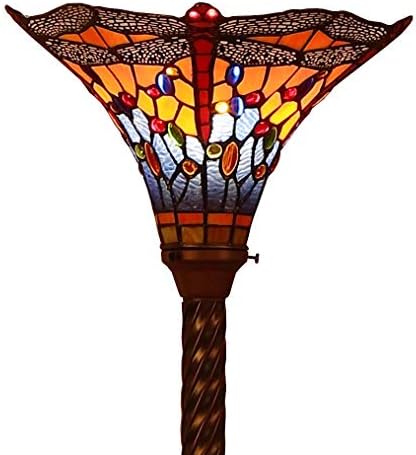 Bieye L10710 Dragonfly Tiffany Style Stained Glass Torchiere Floor Lamp with 13 Inch Wide Handmade Lampshade Metal Base for Dark Corner Living Room