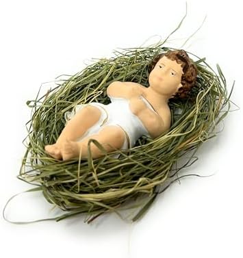 4 Inch Baby Jesus in Manger Figurine, Small Baby Jesus Manger Crib for Nativity Set on Natural Hay, Handcrafted Holy Gift Made in Poland