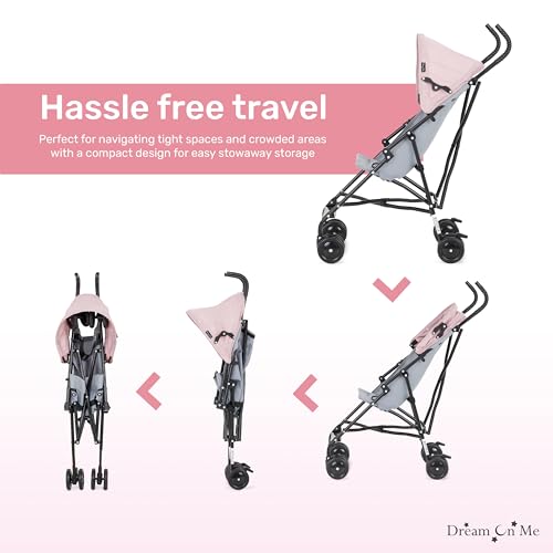 Dream On Me Aero Travel Umbrella Stroller, 1-Hand Fold, Lightweight, Black | 3 Point Safety Harness, Dual Brakes, Adjustable Removable Canopy, Sturdy Steel Frame, Compact, For Toddlers 6-36 months
